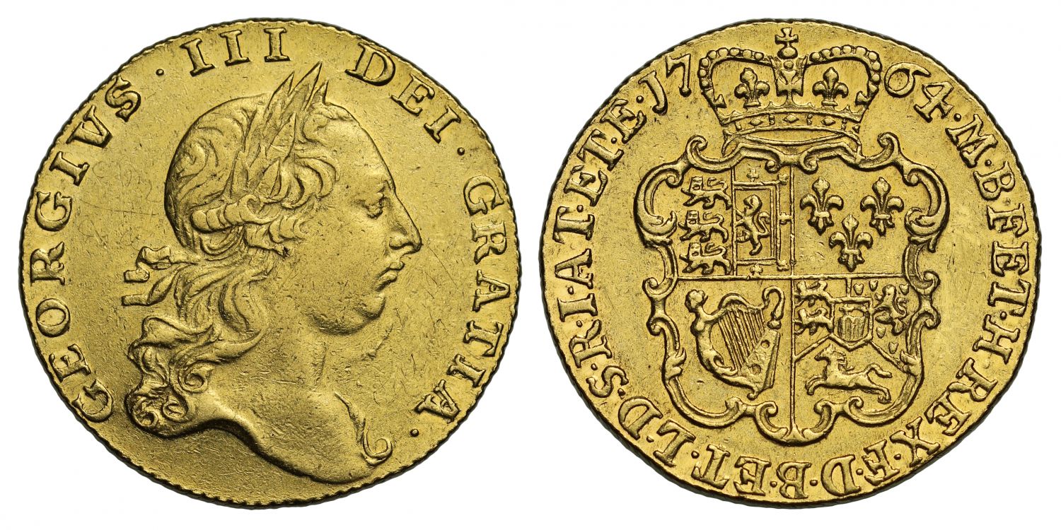 George III 1764 Guinea, second bust, no stop over head, very rare variety