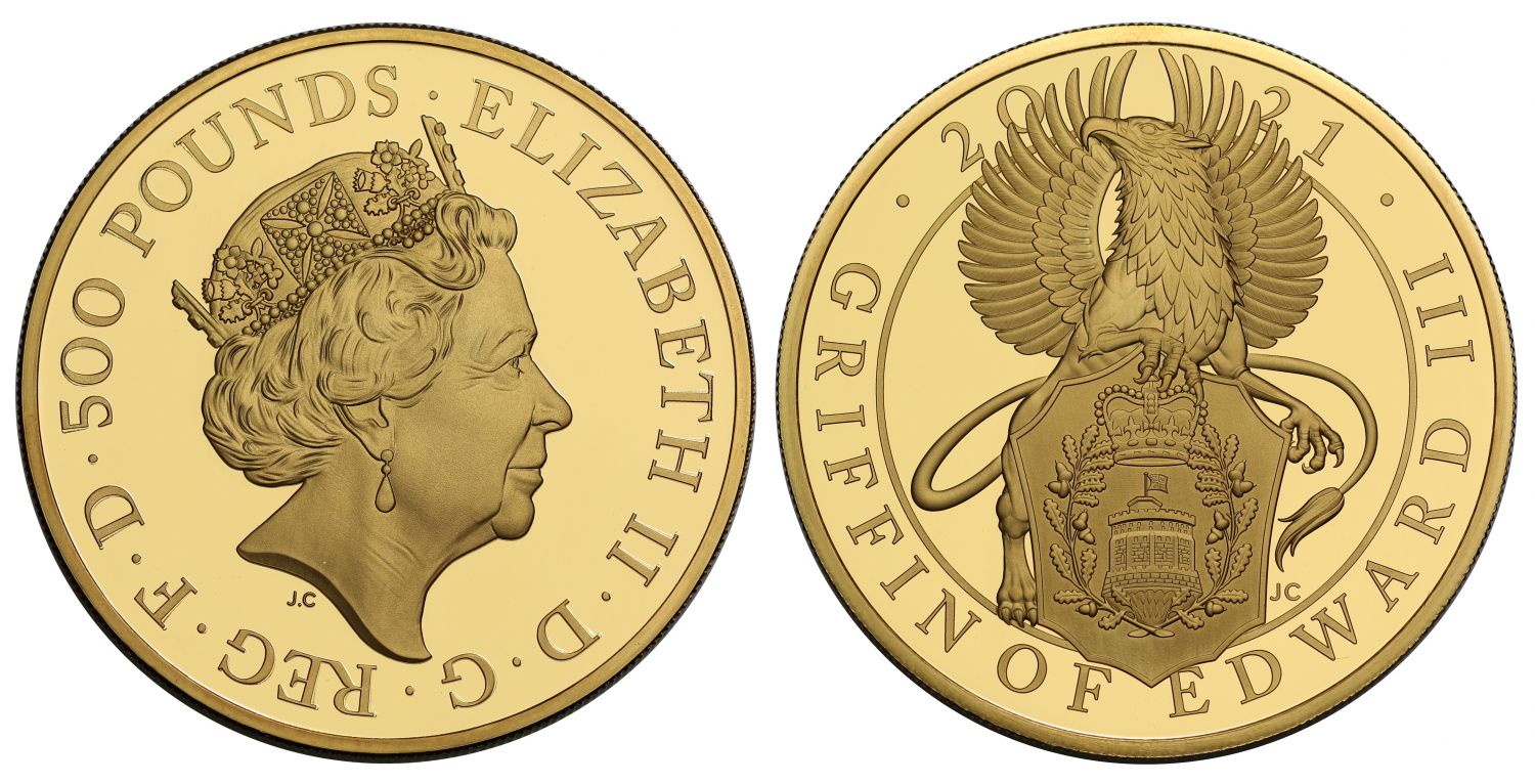 * Elizabeth II 2021 PF70 UCAM FR gold 5oz Griffin of Edward III