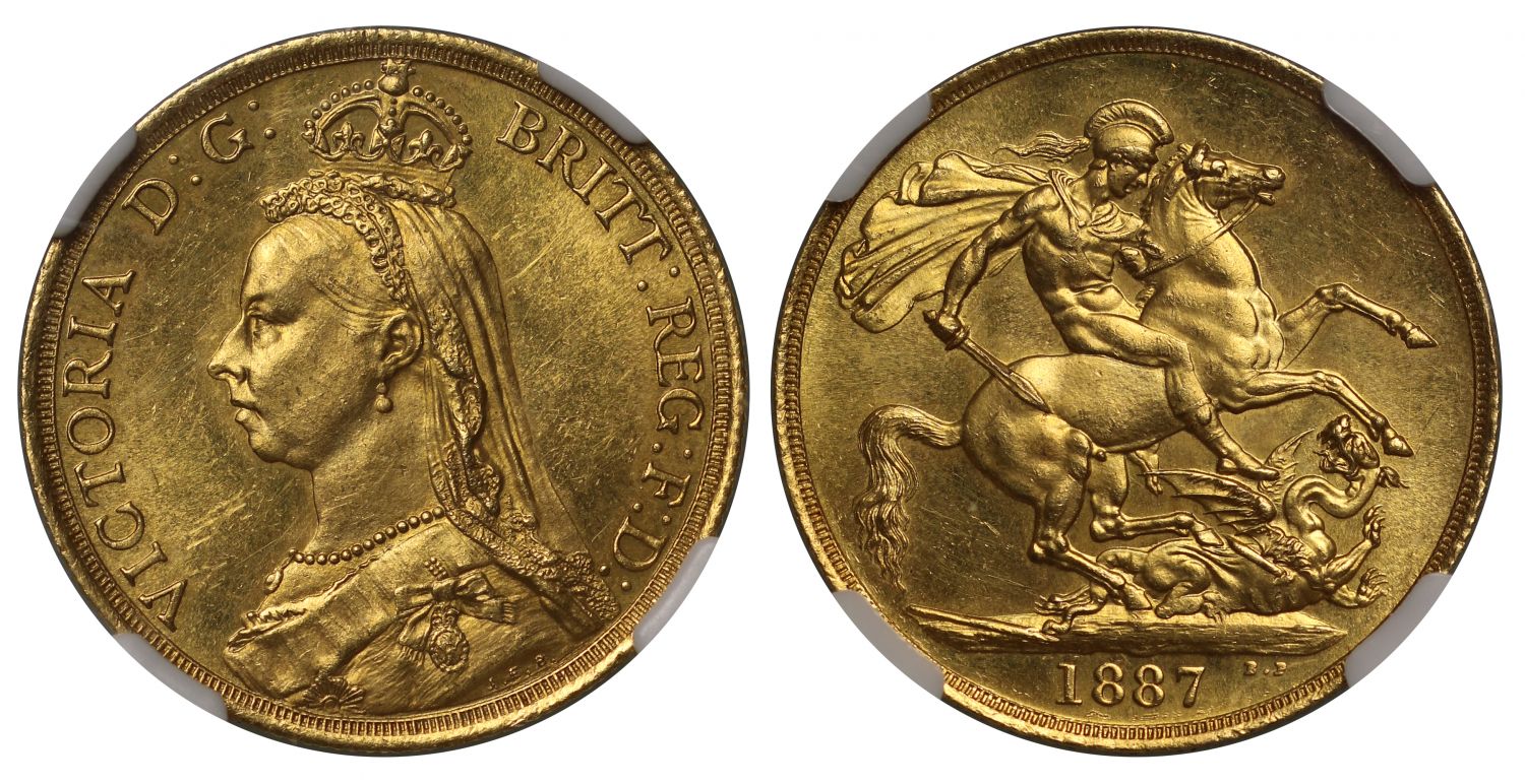 Victoria 1887 Two-Pounds MS63, taller date larger BP