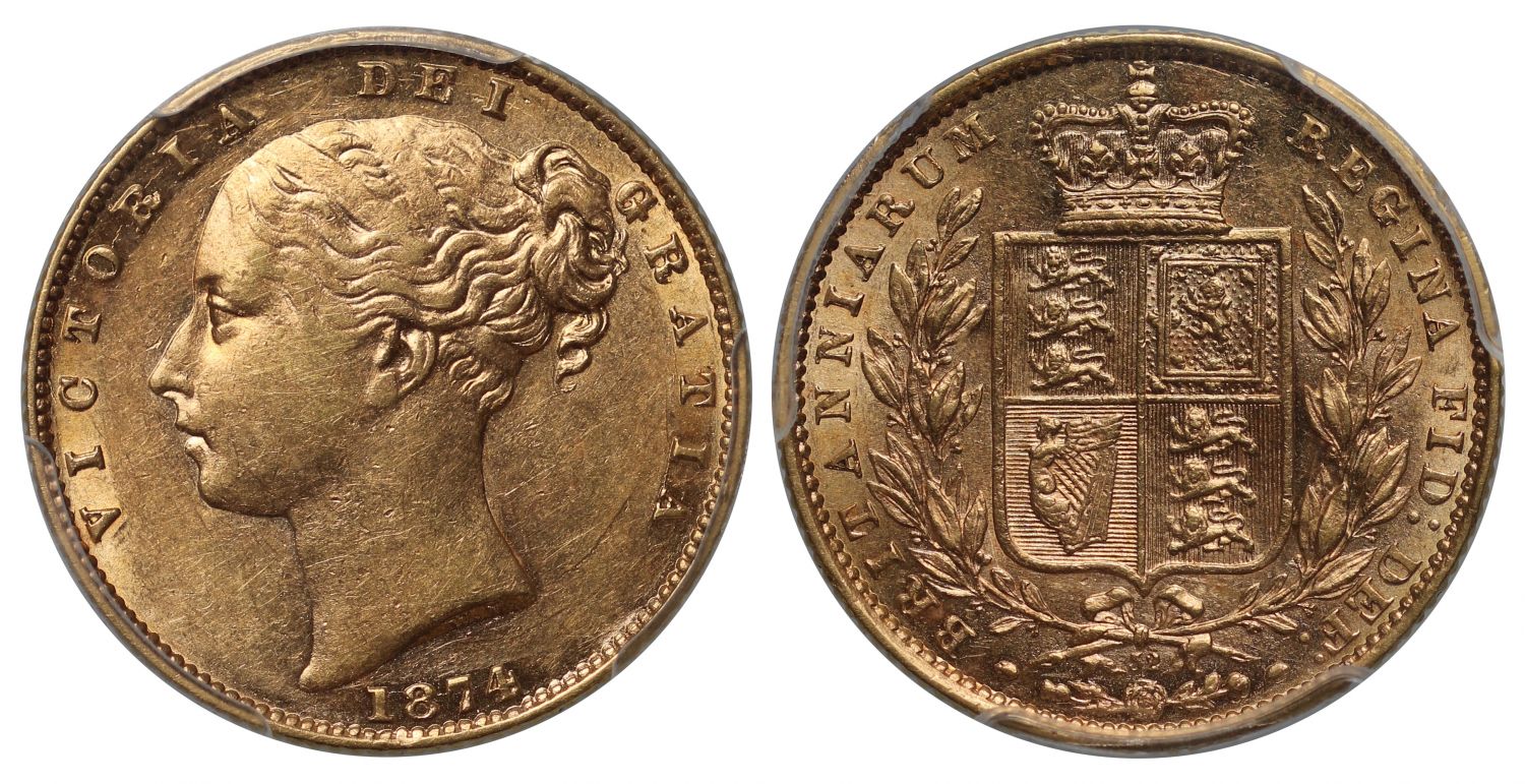 Victoria 1874 Sovereign, shield back, die 32 London, AU55