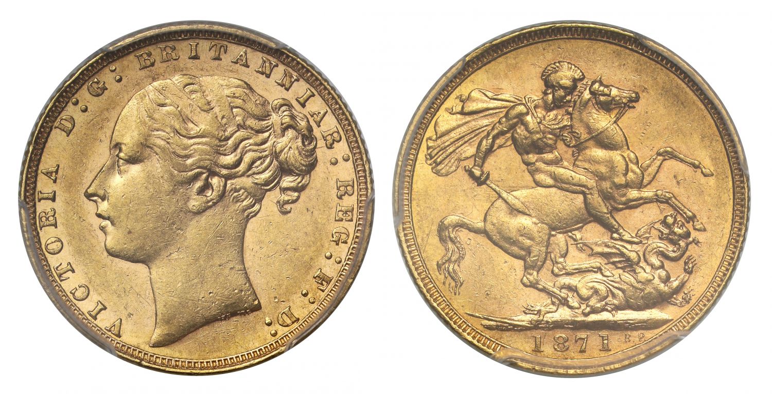 Victoria 1871 London Sovereign, St George, WW buried, short tail, large BP AU55
