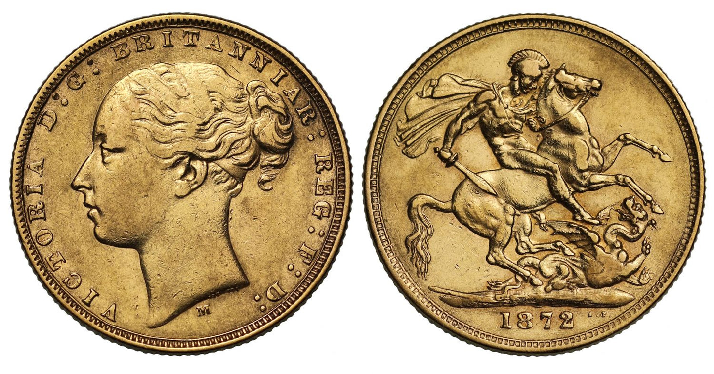 Victoria 1872 Melbourne Sovereign, young head, St George reverse, long tail