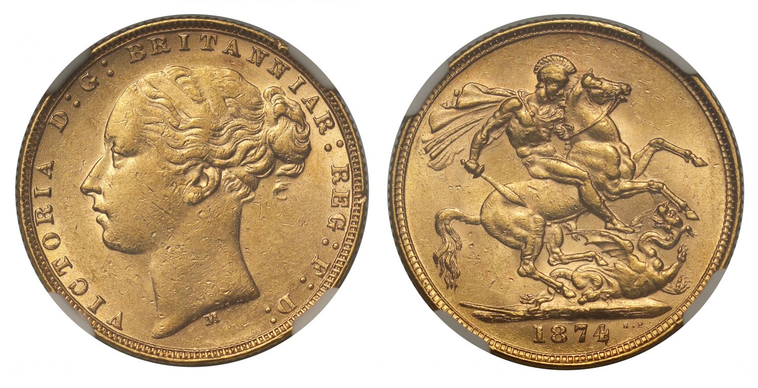 Victoria 1874-M Sovereign, Melbourne, St George, WW buried, long tail, AU58