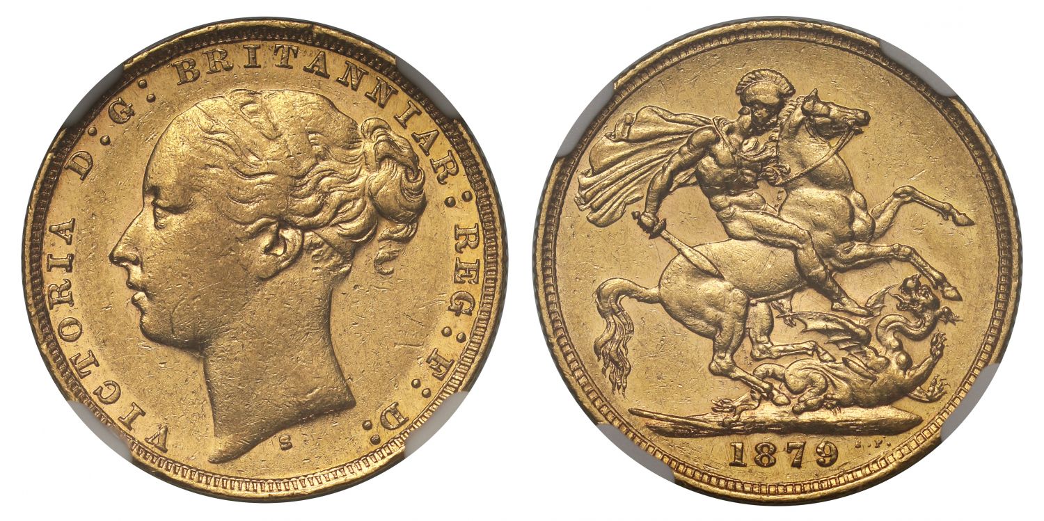 Victoria 1879-S Sovereign, Sydney Mint, St George, WW buried, small BP, AU50