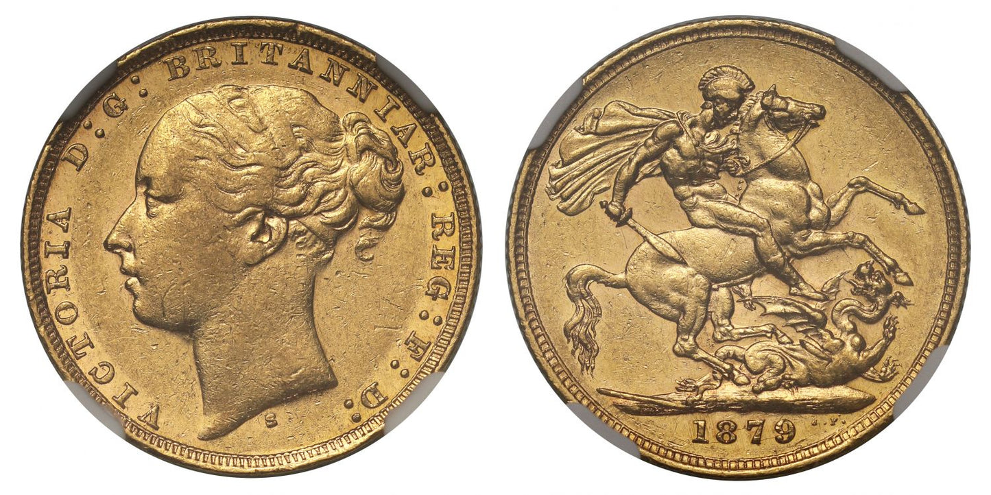 Victoria 1879-S Sovereign, Sydney Mint, St George, WW buried, small BP, AU50