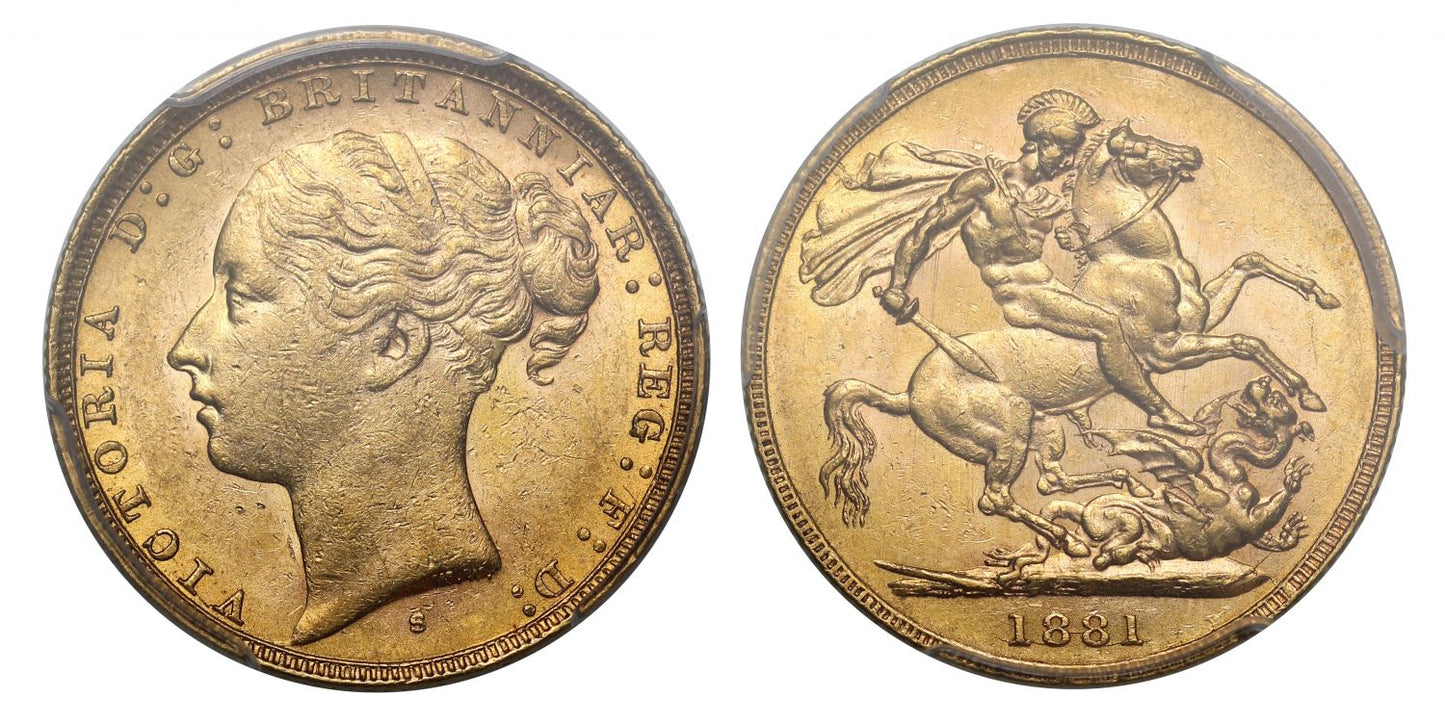 Victoria 1881-S Sovereign, Sydney Mint, W.W. clear, No BP reverse, AU58