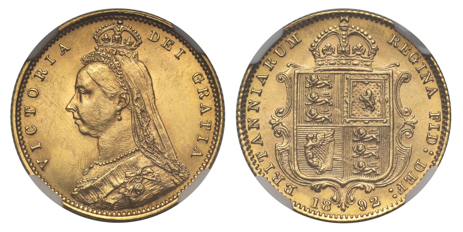 Victoria 1892 London Half-Sovereign, plain truncation, low shield, MS62