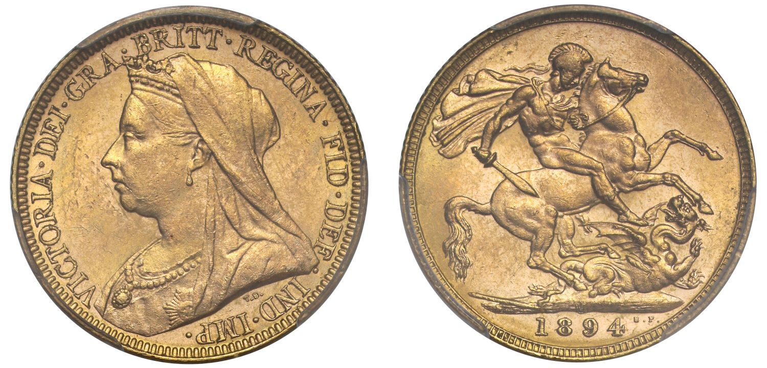 Victoria 1894-M Sovereign, Melbourne, old head, graded MS62