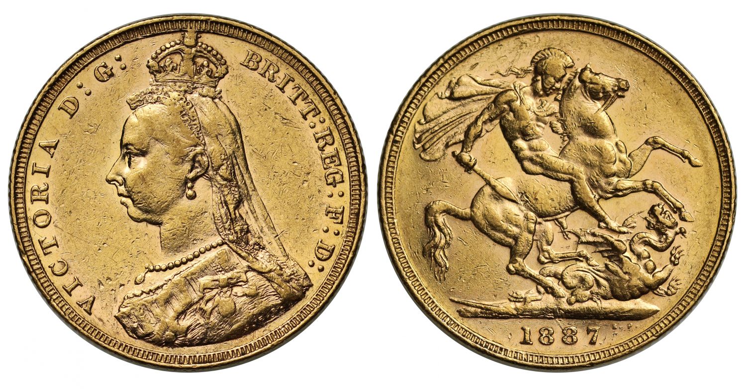 Victoria 1887-M Sovereign, Melbourne, Jubilee type, hooked JEB DISH M1 R5