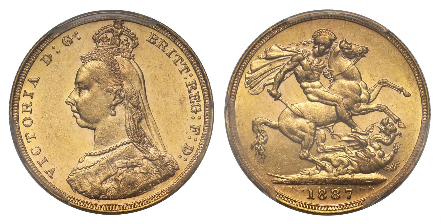 Victoria, Sovereign, 1887 Melbourne, Hooked J initials, DISH M3, MS61 R5