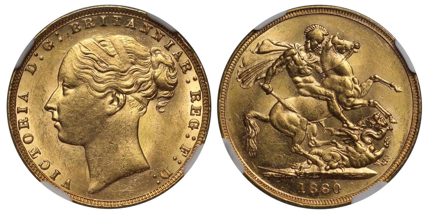 Victoria 1880 Sovereign, St George, WW buried, short tail, trace of BP, MS62