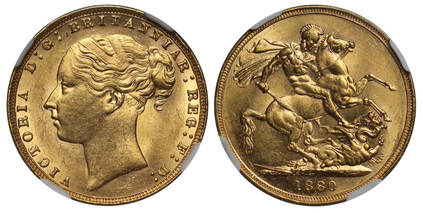 Victoria 1880 Sovereign, St George, WW buried, short tail, trace of BP, MS62