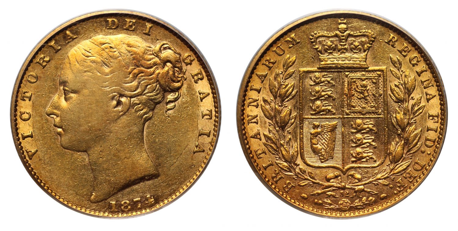 Victoria 1874 shield back Sovereign London mint die 32 R4; XF45