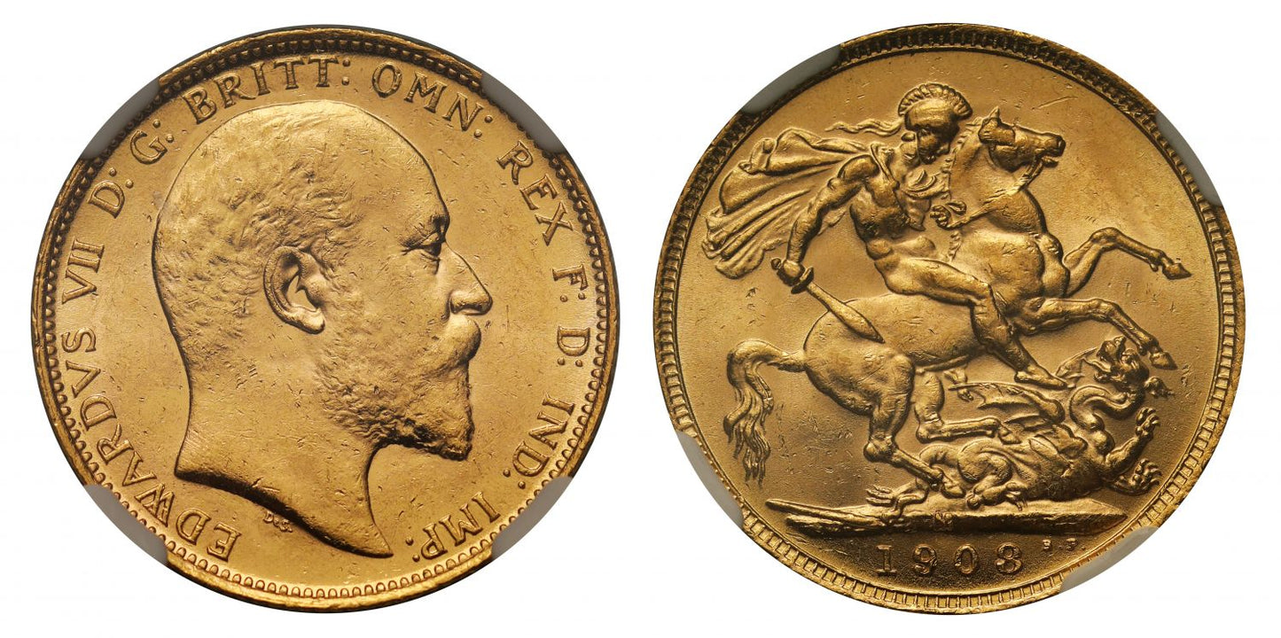 Edward VII 1908 M Sovereign Melbourne Mint MS62