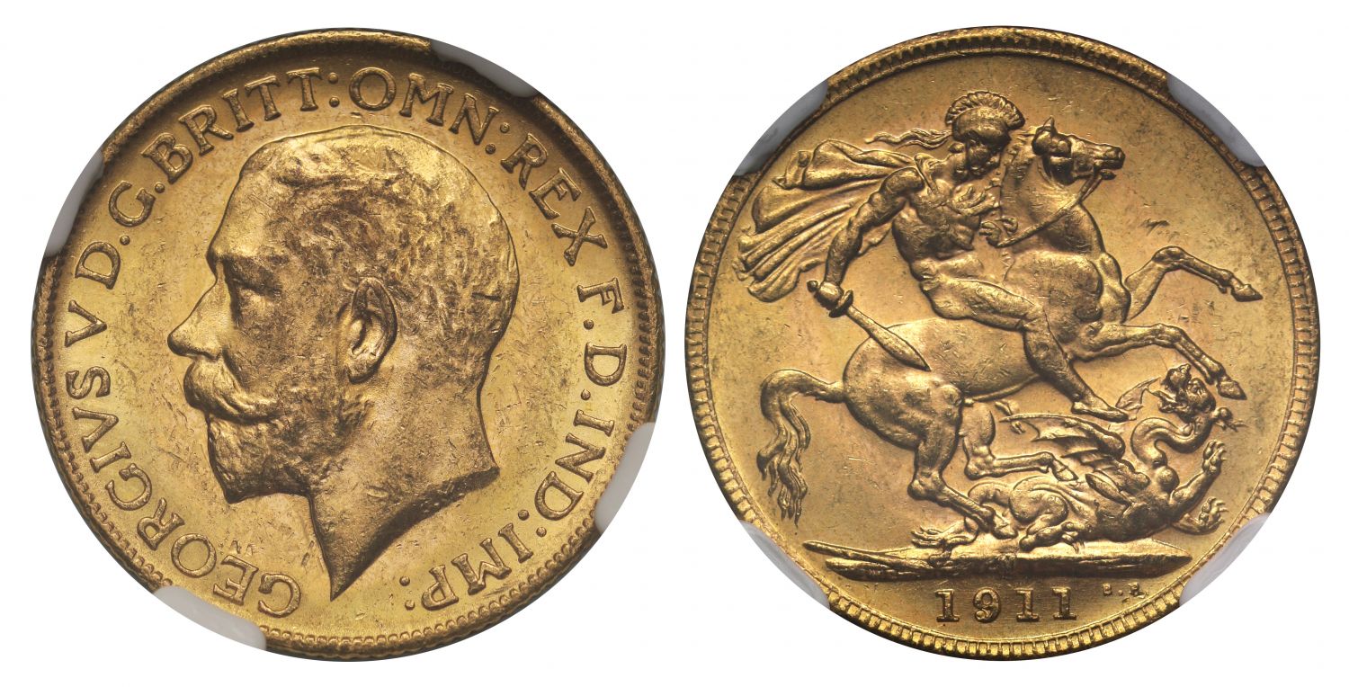 George V 1911-M Sovereign Melbourne Mint MS62 Coronation year