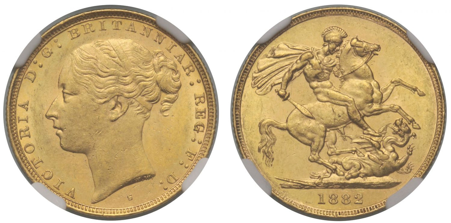 Victoria 1882-S Sovereign, Sydney Mint, WW clear, short tail, small BP MS62