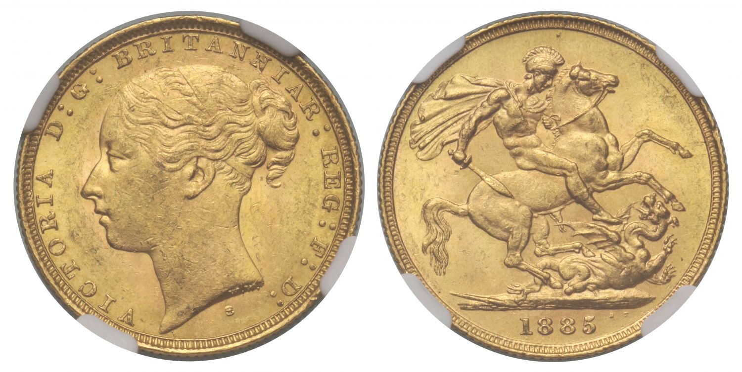 Victoria 1885-S Sovereign, Sydney Mint, WW clear, short tail, small BP MS62