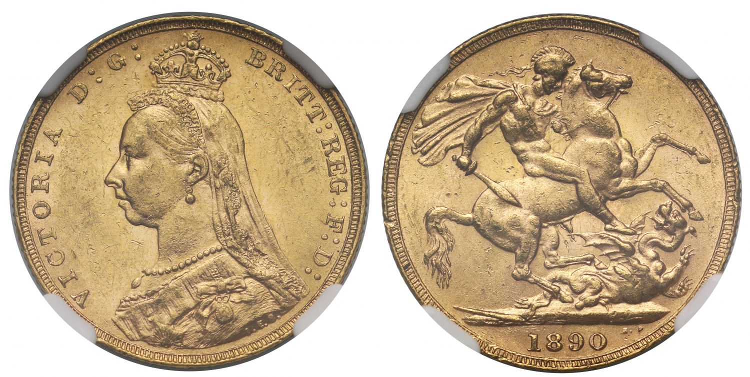Victoria 1890 Sovereign MS62, second legend, DISH L13