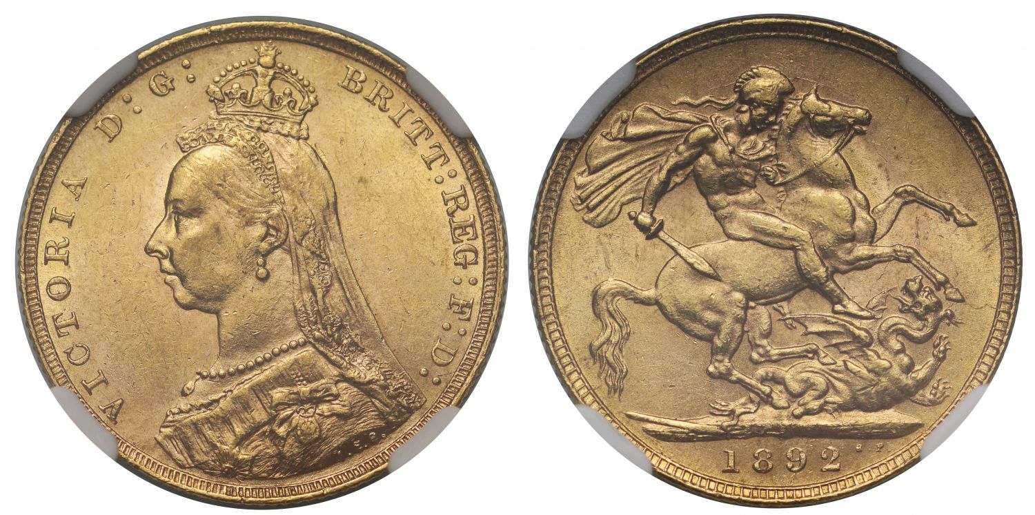 Victoria 1892 Sovereign, last year for Jubilee type at London MS62