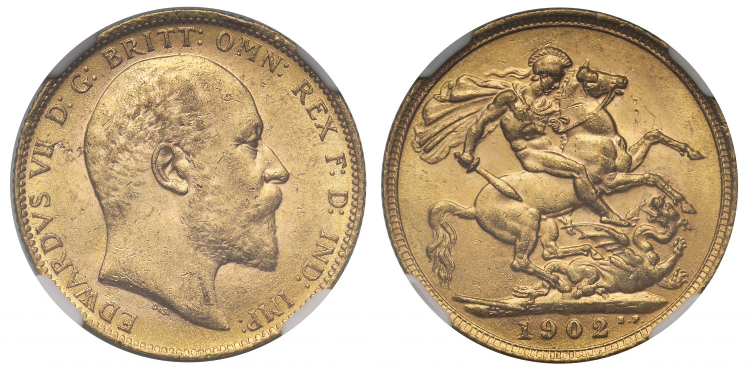 Edward VII 1902 Sovereign, bare head, first year, MS61