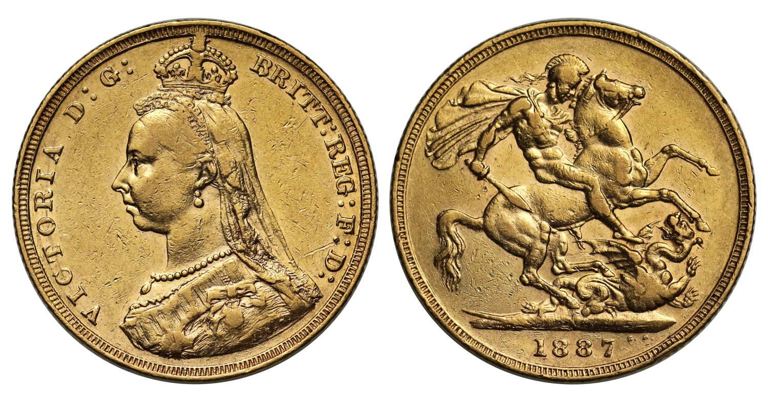 Victoria 1887-M Sovereign, Melbourne, Jubilee type, hooked JEB DISH M2 R5