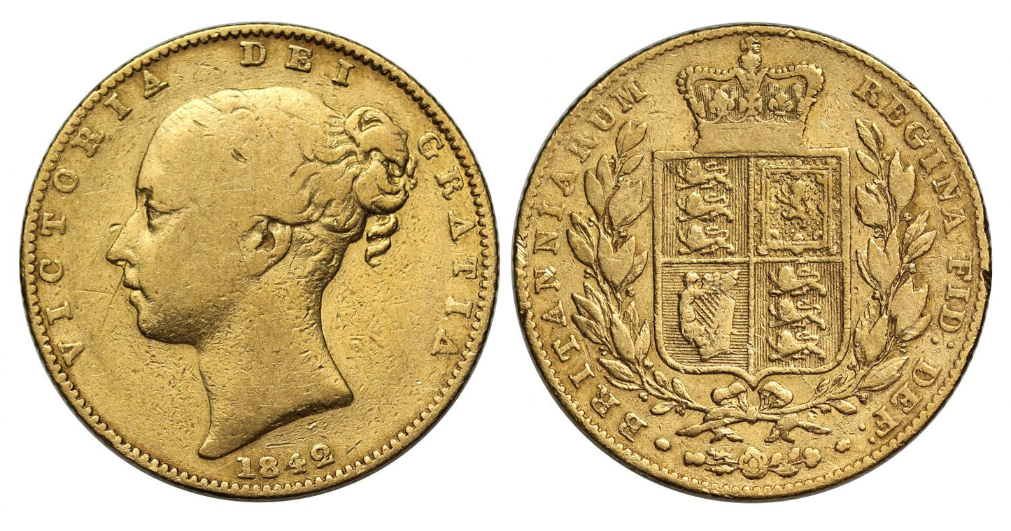 Victoria 1842 Sovereign unbarred A's in GRATIA, inverted Vs, closed 2 in date
