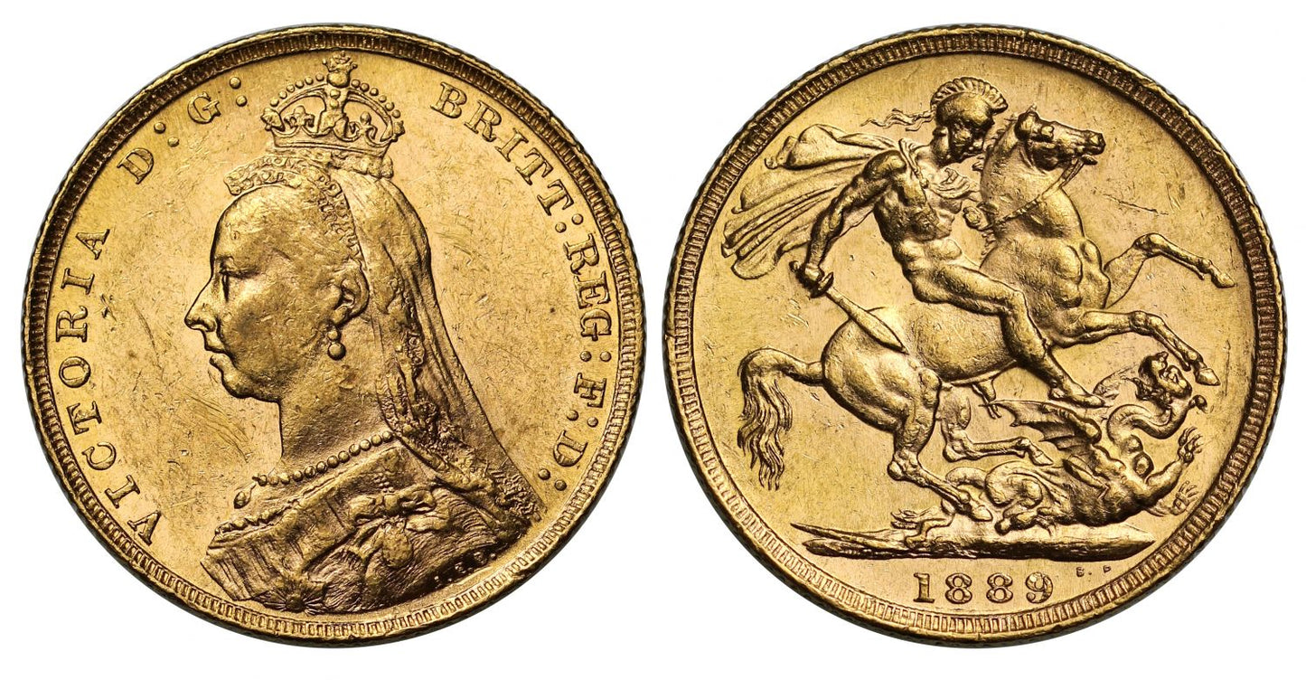 Victoria 1889 Sovereign, second legend, London DISH L11, AU58