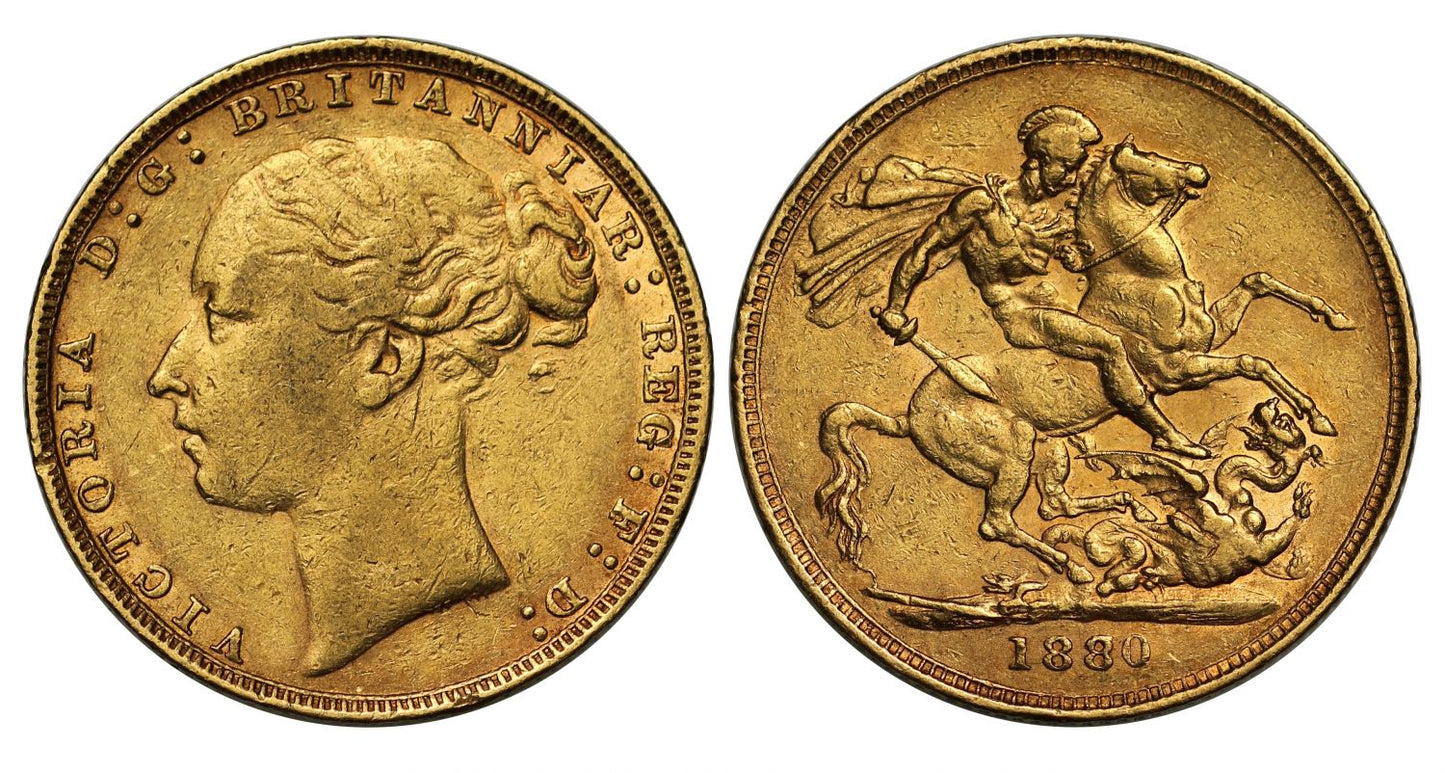 Victoria 1880 Sovereign, second 8 over 7, no BP, long tail, WW buried