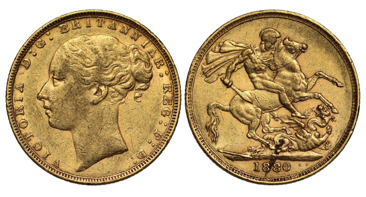 Victoria 1880 Sovereign, second 8 over 7, WW buried, long tail, small BP