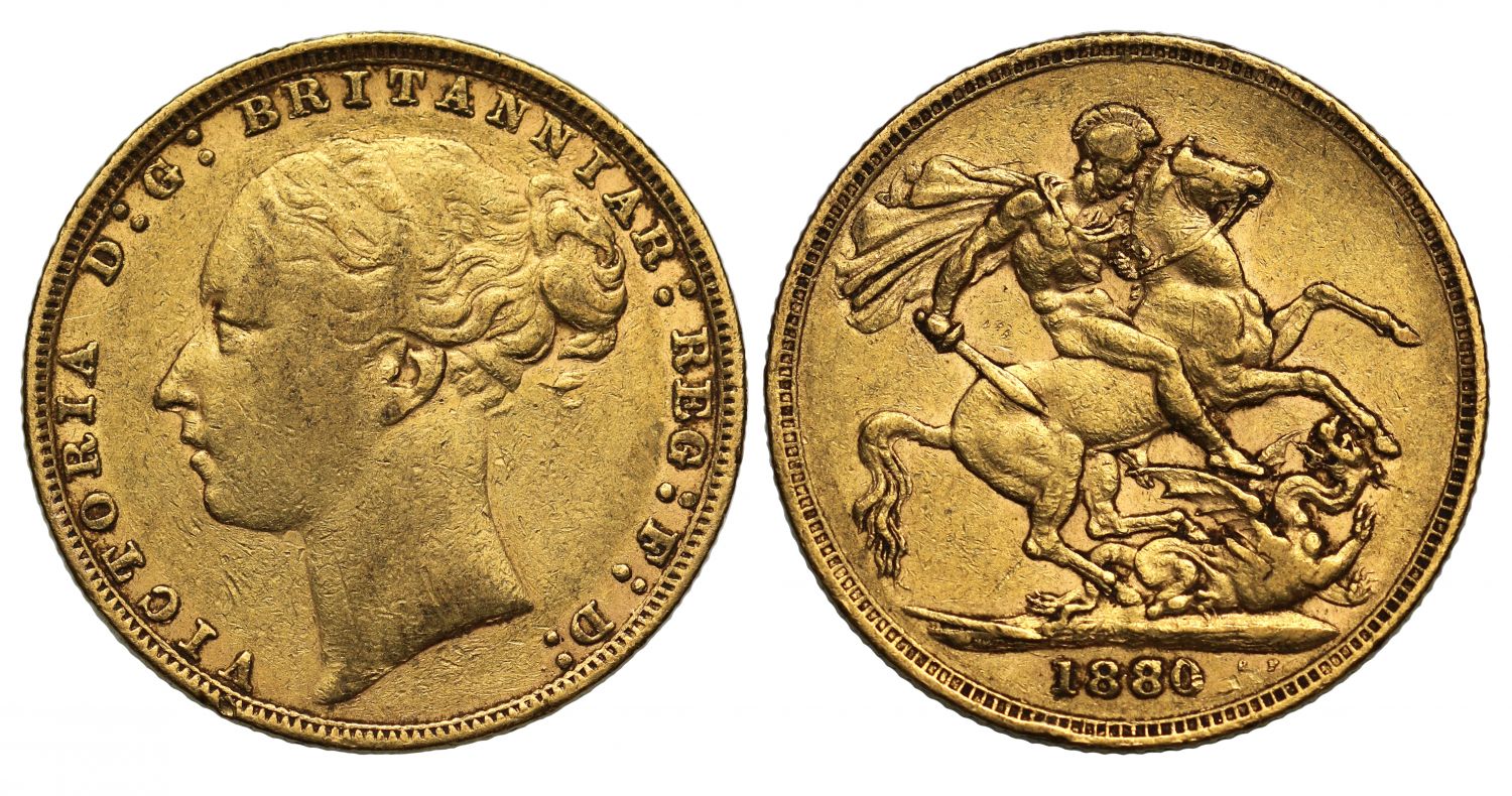 Victoria 1880 Sovereign, second 8 over 7, WW buried, long tail, small BP