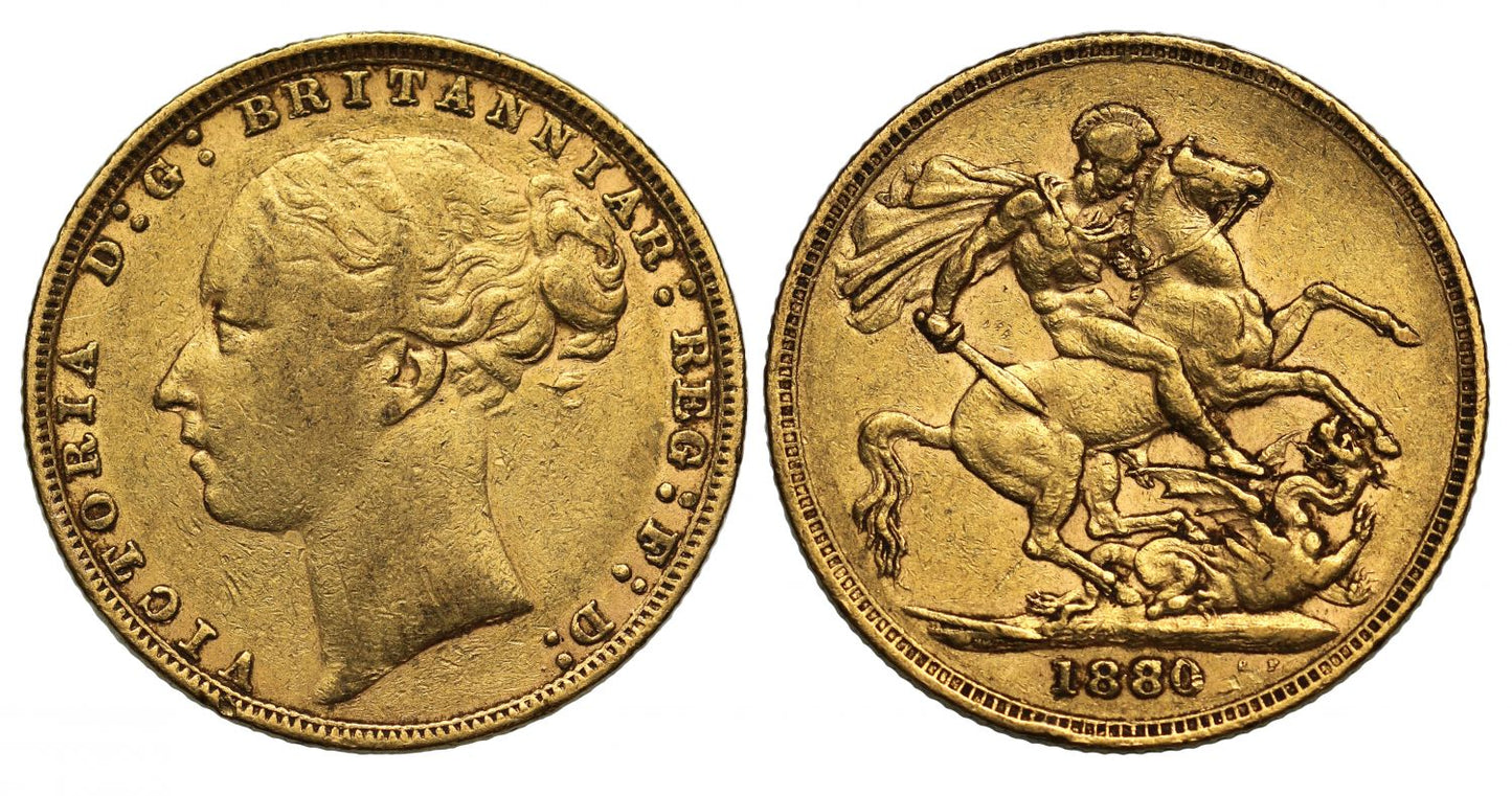 Victoria 1880 Sovereign, second 8 over 7, WW buried, long tail, small BP