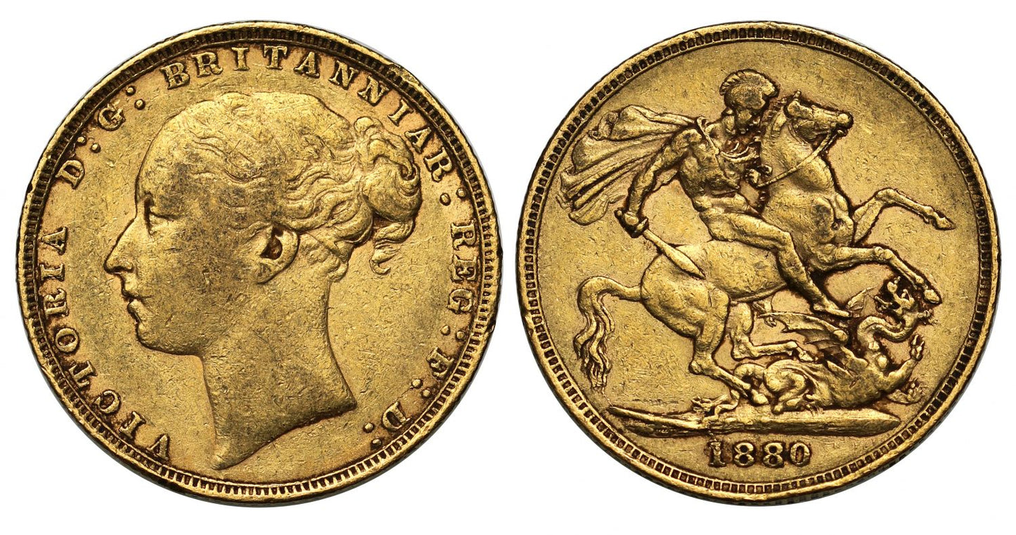 Victoria 1880 Sovereign, second 8 over 7, WW buried, long tail, weak small BP