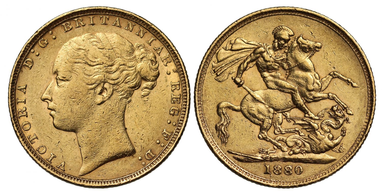 Victoria 1880 Sovereign, second 8 over 7, long tail, WW buried, small weak BP