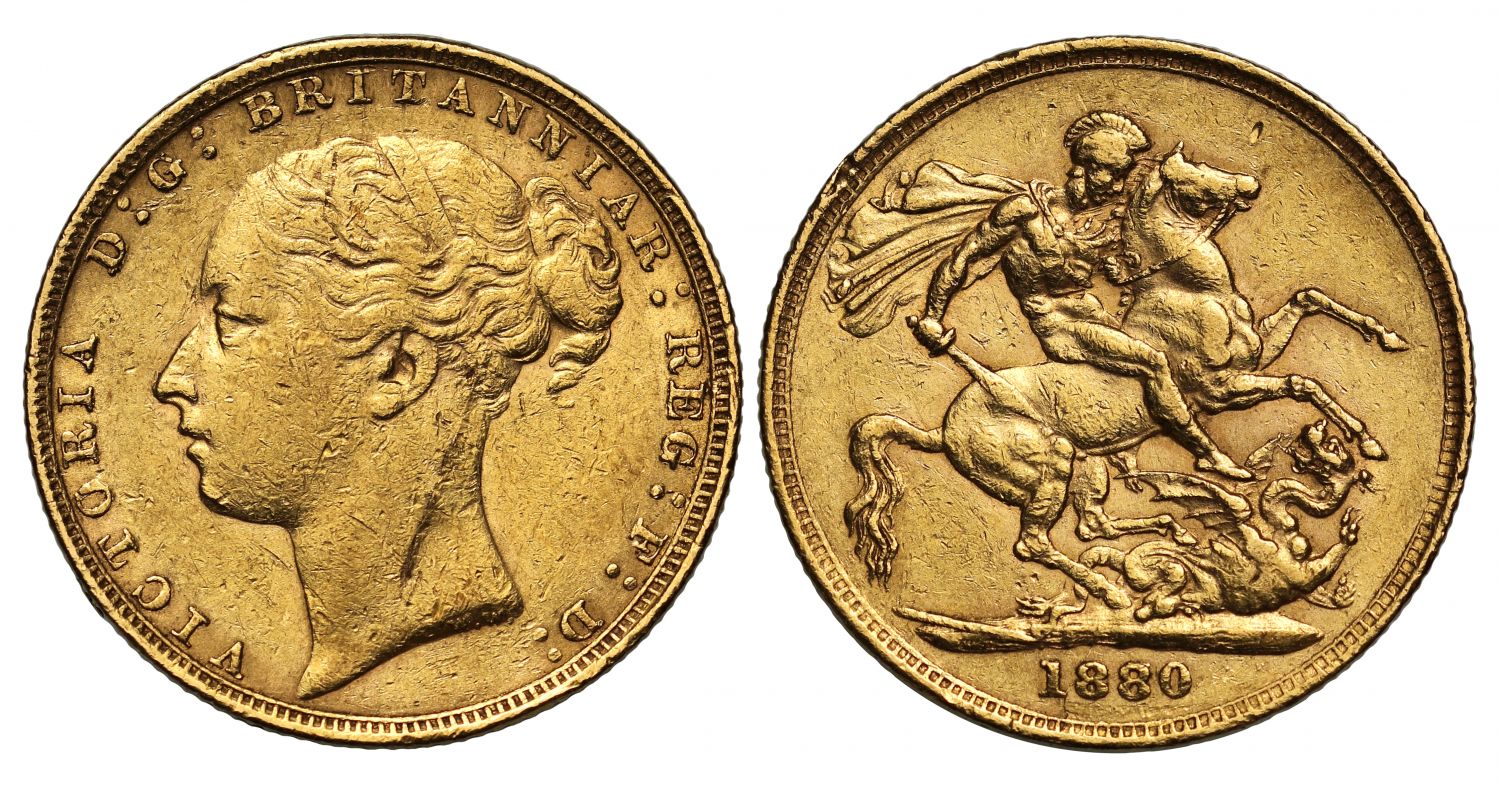 Victoria 1880 Sovereign, second 8 over 7, WW buried, small BP, long tail