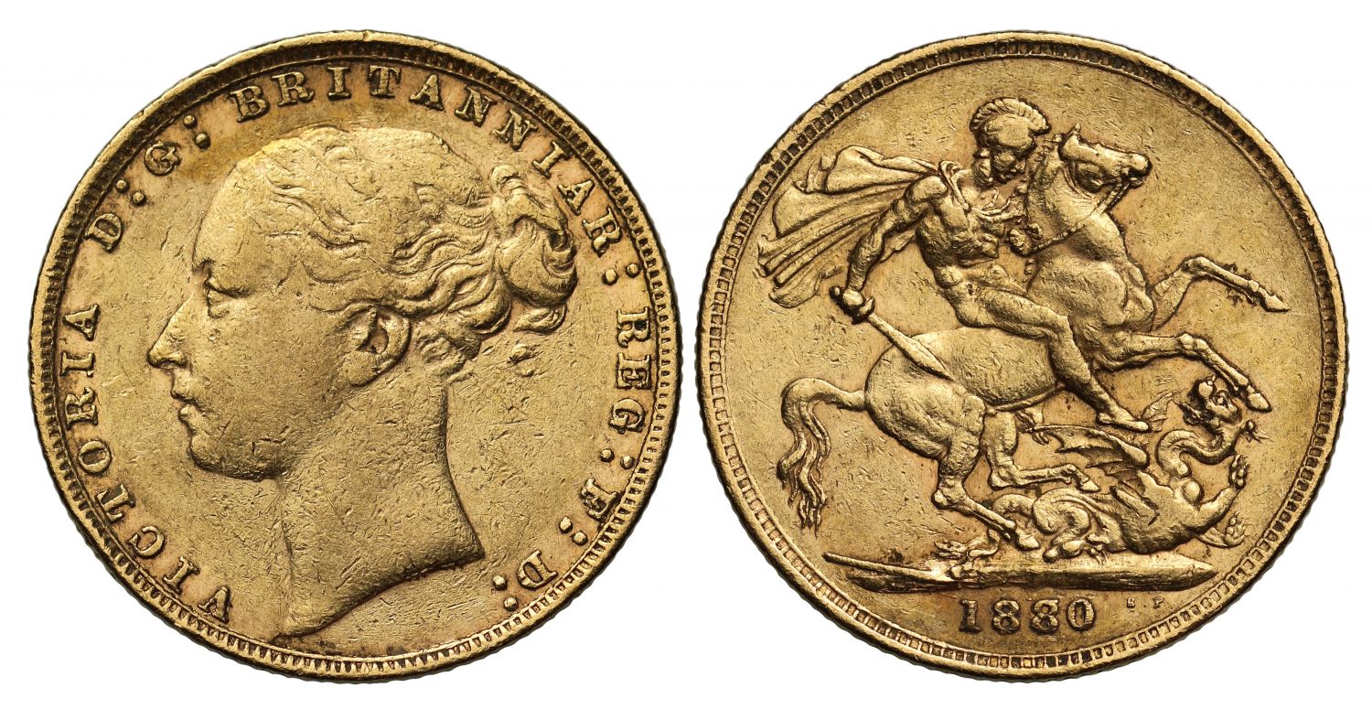 Victoria 1880 Sovereign, second 8 over 7, long tail, WW buried, clear small BP
