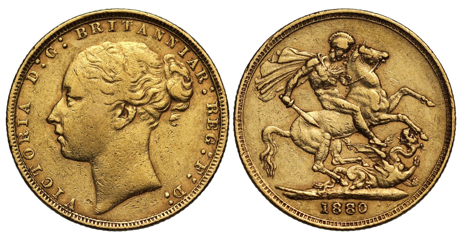 Victoria 1880 Sovereign, second 8 over 7, WW buried, long tail, small BP