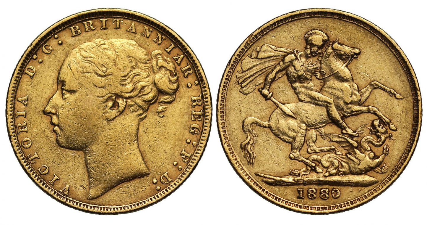 Victoria 1880 Sovereign, second 8 over 7, WW buried, long tail, small BP