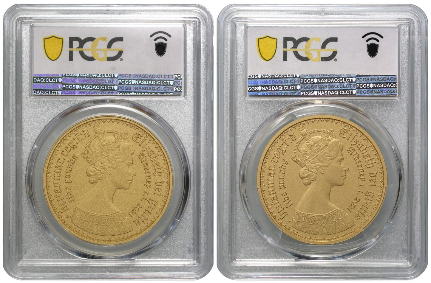 QEII 2021 Alderney gold £5 Matt Gothic Crown Pair PR70
