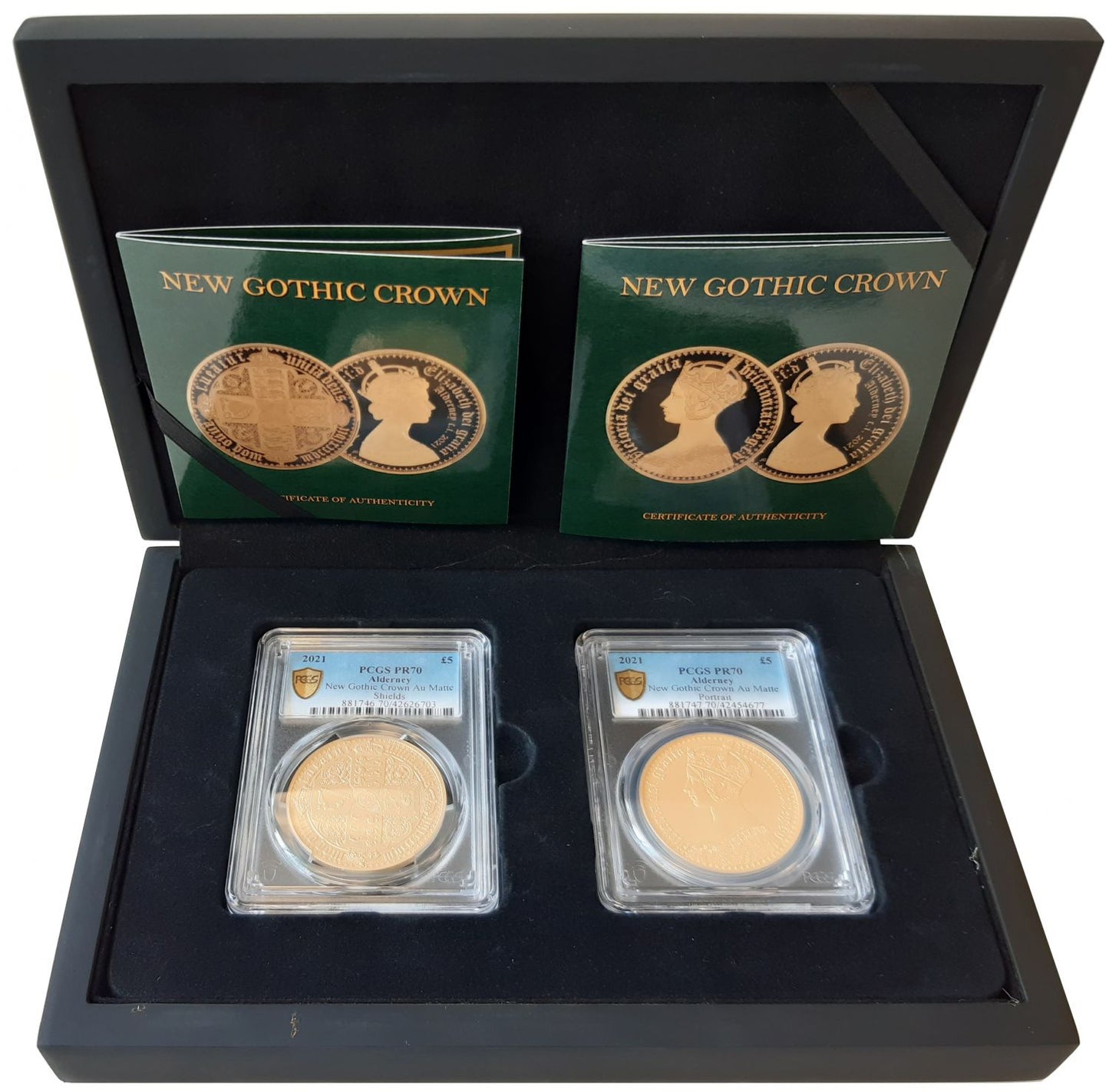 QEII 2021 Alderney gold £5 Matt Gothic Crown Pair PR70