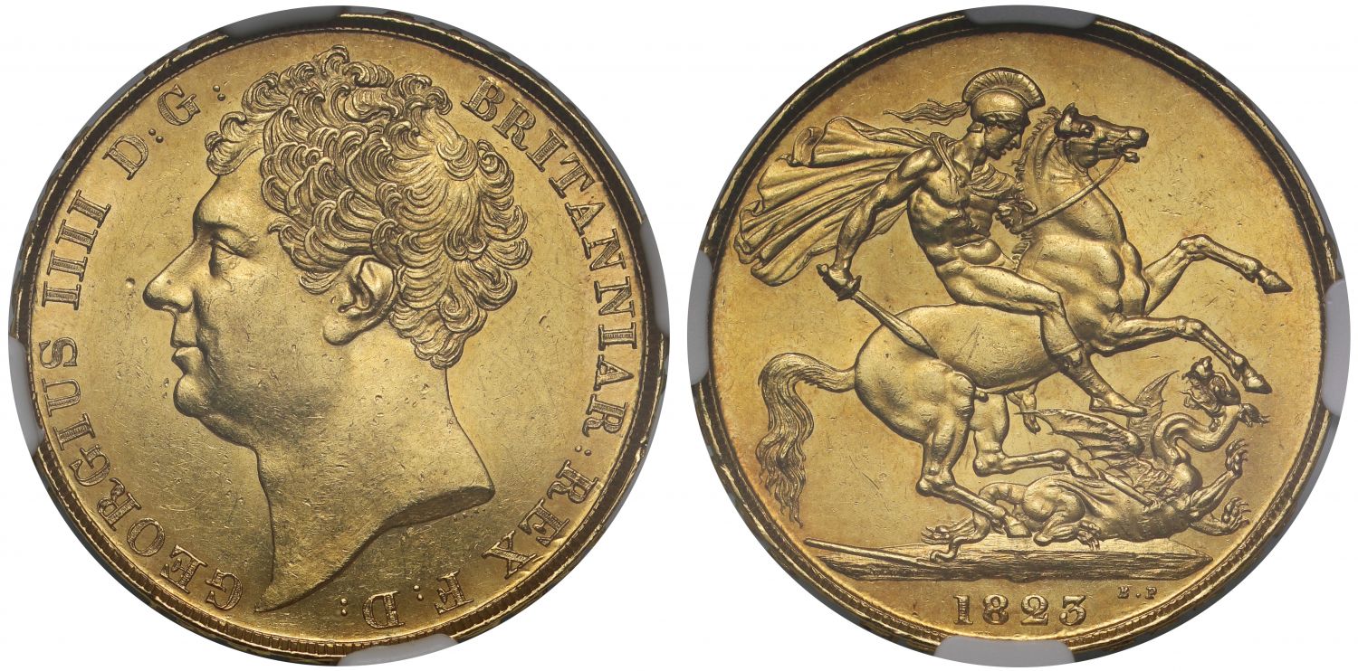 George IV 1823 Two Pounds, bare head one year only issue, MS63