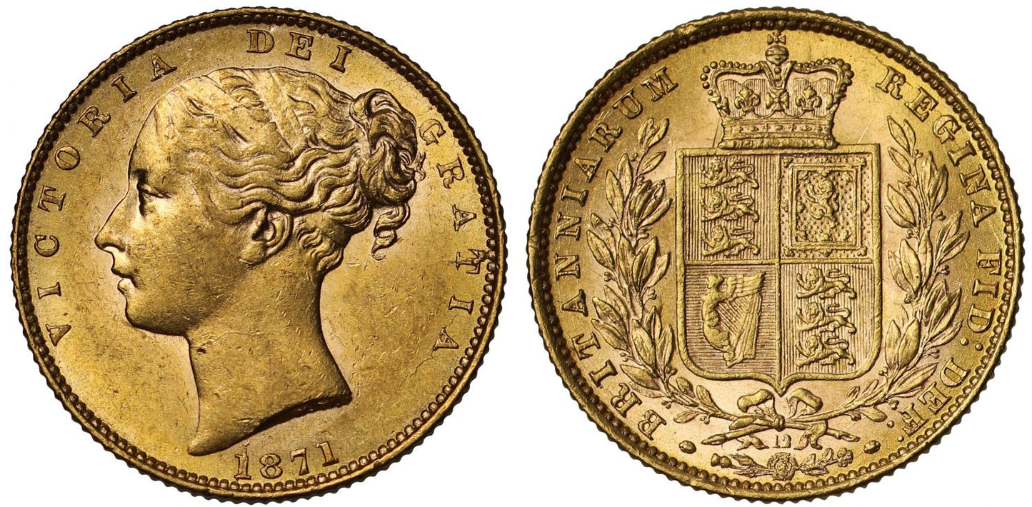 Victoria 1871 Sovereign, young head, shield reverse, die number 12