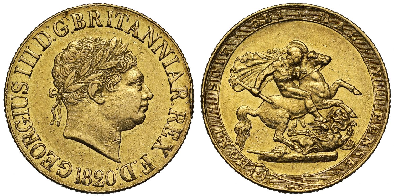 George III 1820 Sovereign, closed 2, final date of reign, AU55