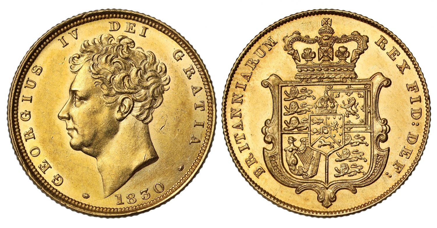 George IV 1830 Sovereign bare head AU58, final year for the reign