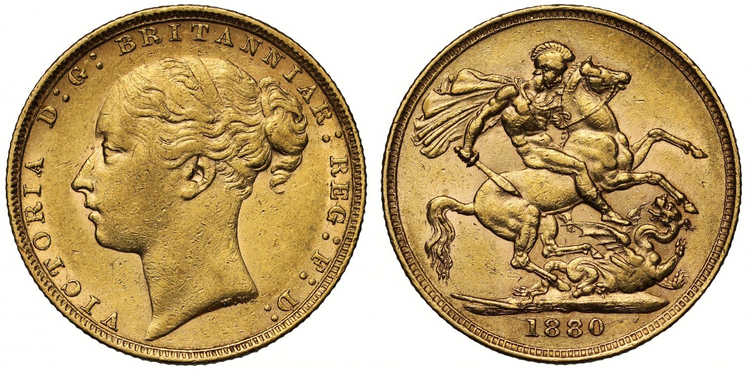 Victoria 1880 Sovereign 8 over 7, long tail, small BP, WW buried in neck