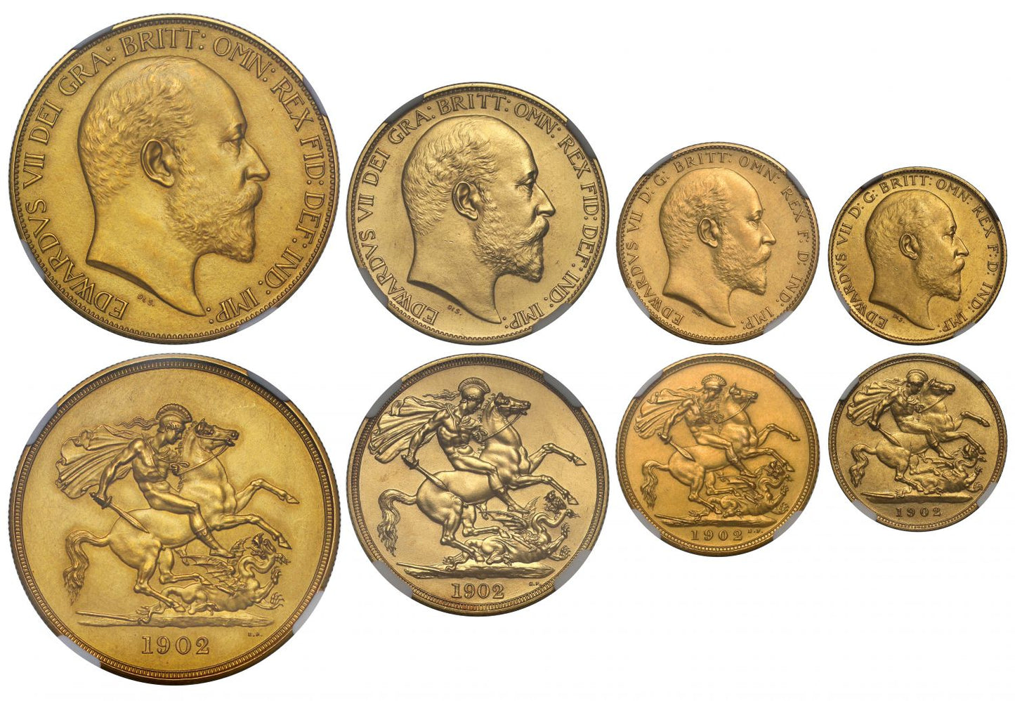 Edward VII 1902 4-coin matt proof Set PF60-61 MATTE, £5, £2, Sovereign & Half