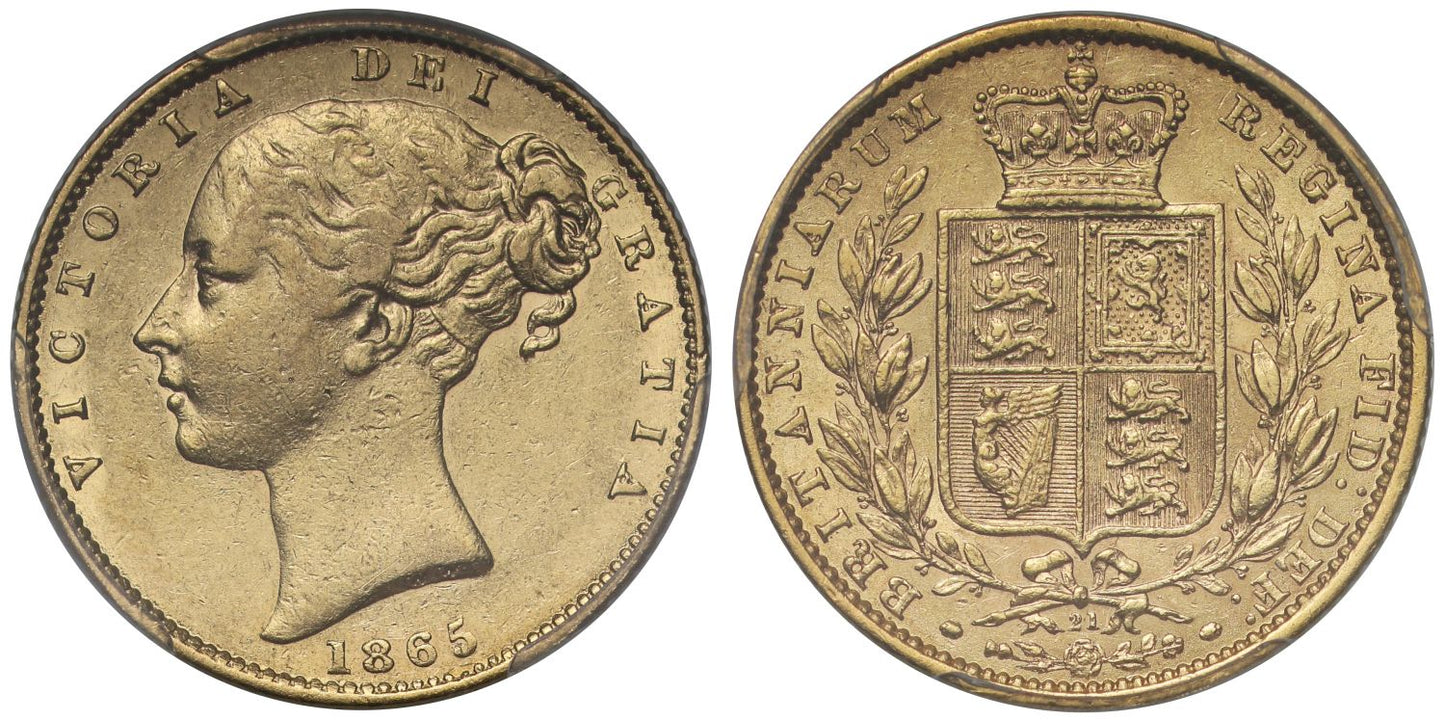 Victoria 1865 Sovereign, die number 21 on reverse, AU50