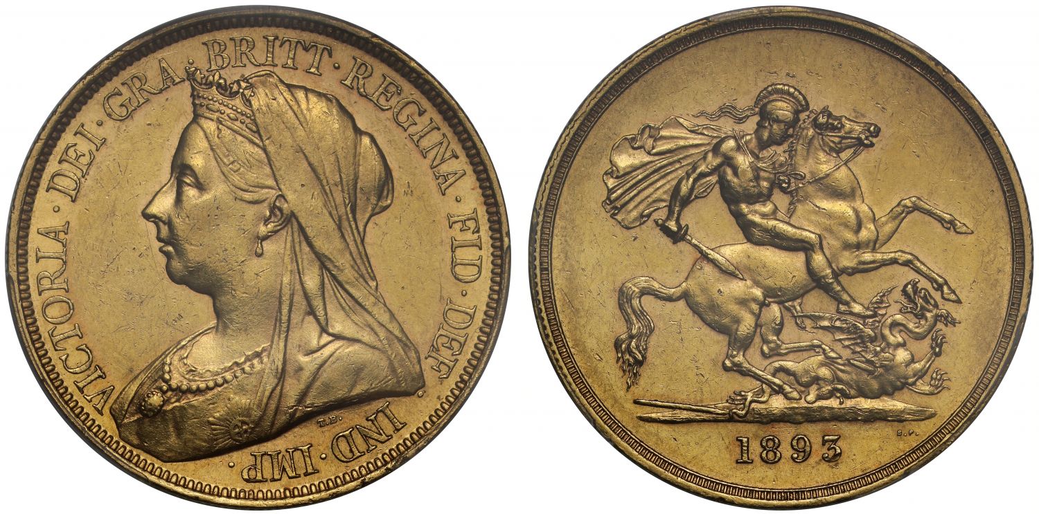 Victoria 1893 Five-Pounds, old head, AU55