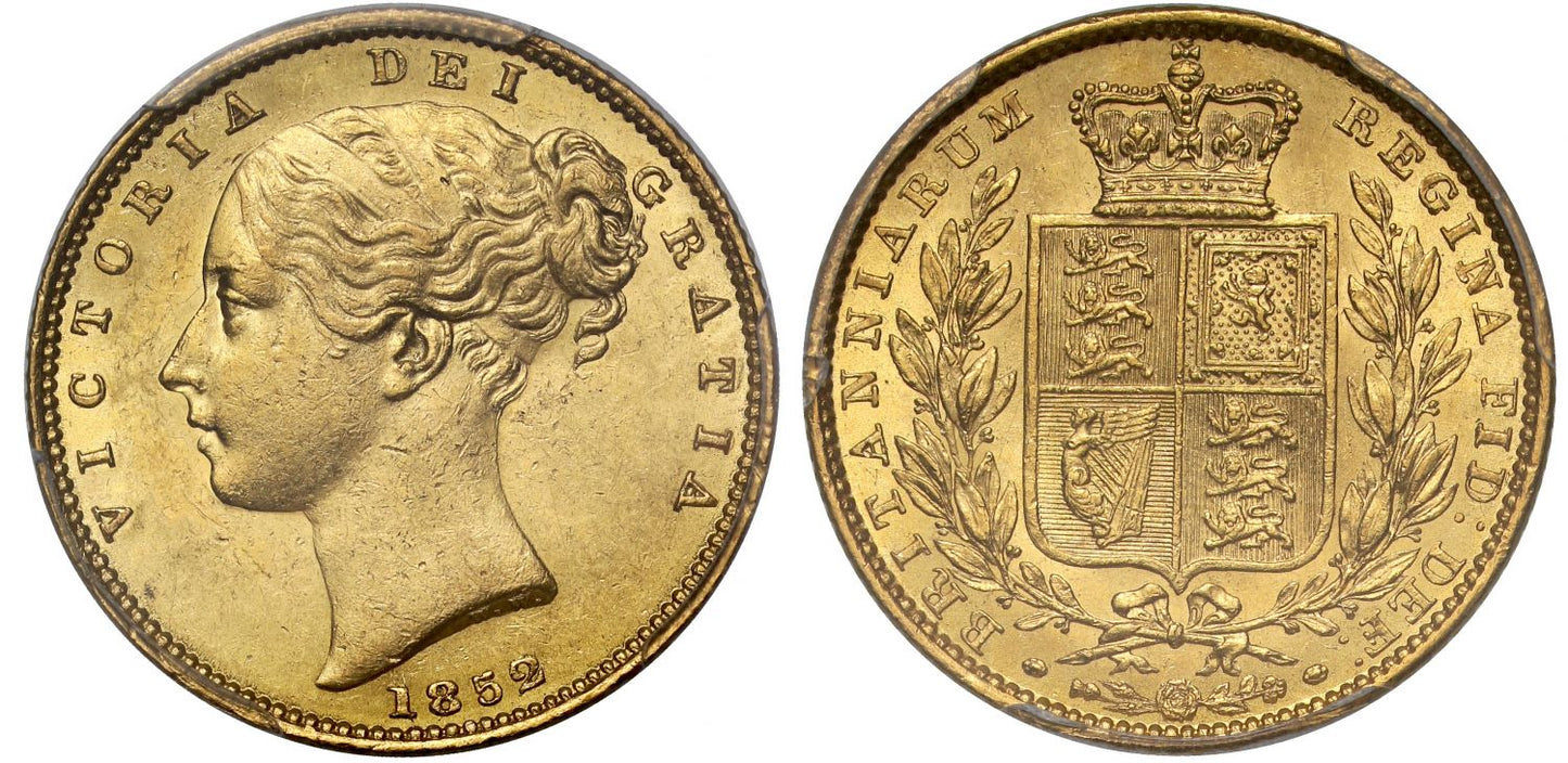 Victoria 1852 Sovereign, second young head, shield reverse MS61