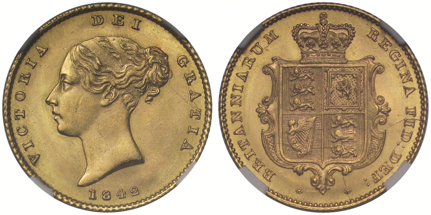 Victoria 1842 Half-Sovereign, first young head, third year issued MS62