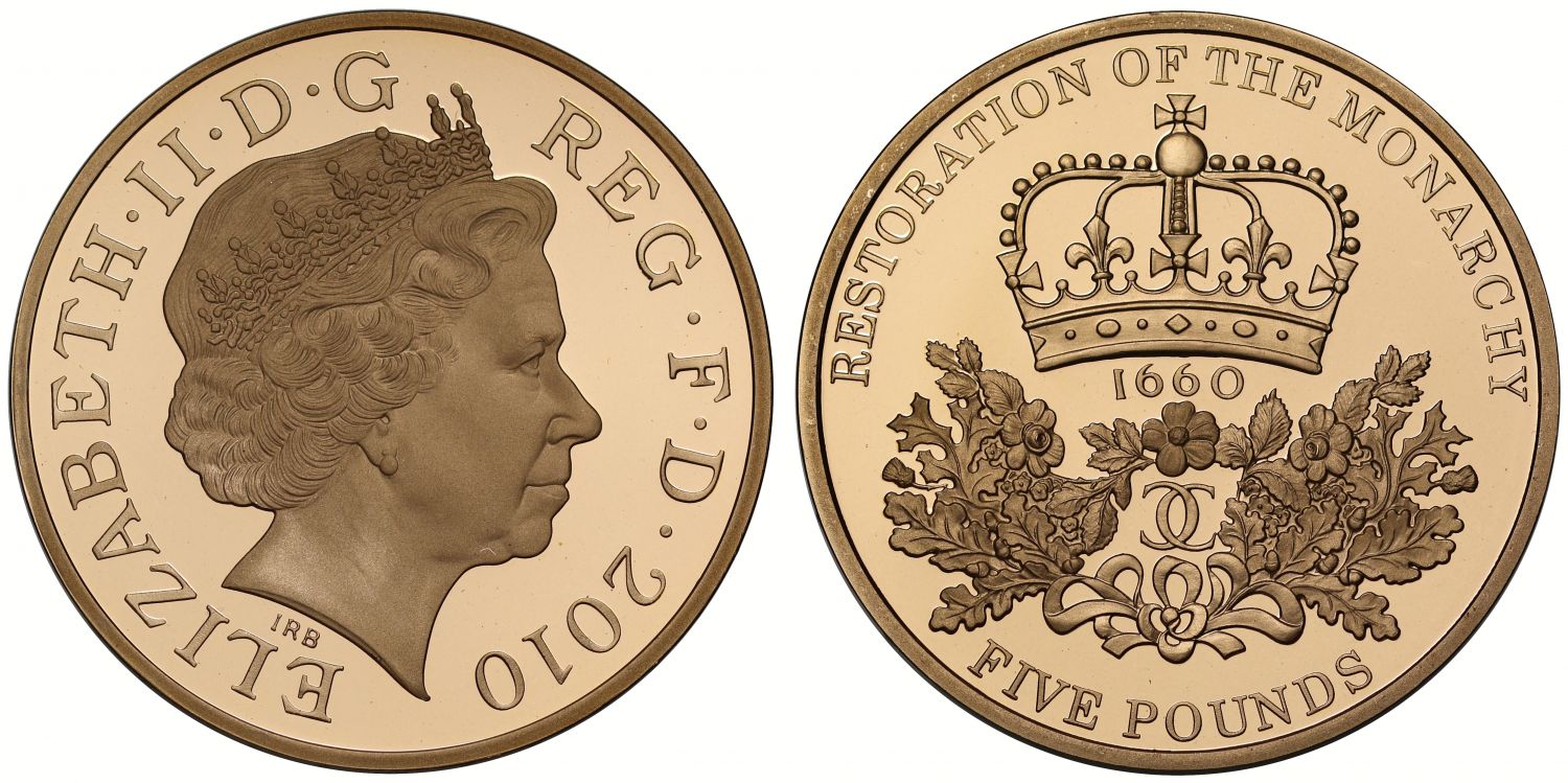 Elizabeth II 2010 proof Five-Pounds Restoration of the Monarchy
